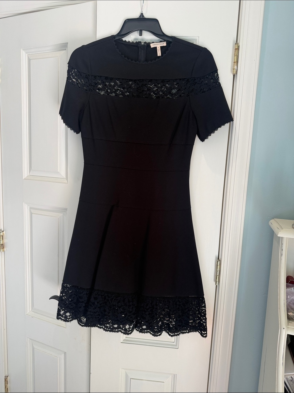 Rebecca Taylor Black Lace-Trim Fit & Flare Dress